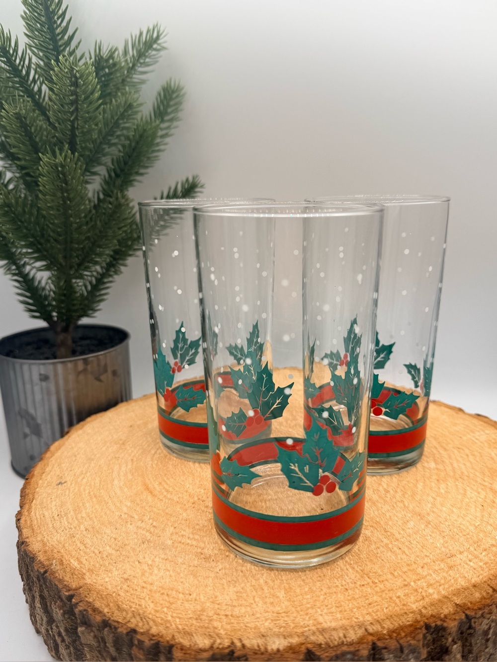 Vintage Libbey Christmas Holly Berries Tumbler Glasses Red Stripe Set of 3